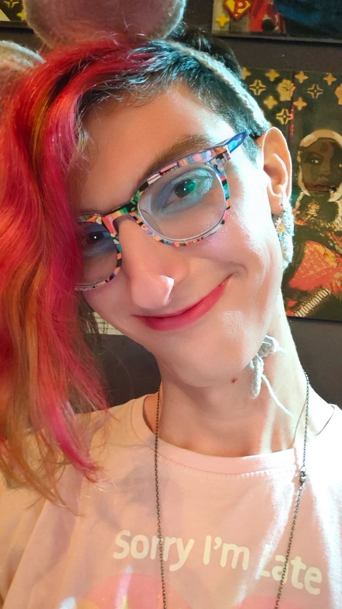 A pretty mousegirl with red, yellow, and blue hair.  She's got rainbow book glasses on, a pink shirt, and mouse ears on her head.