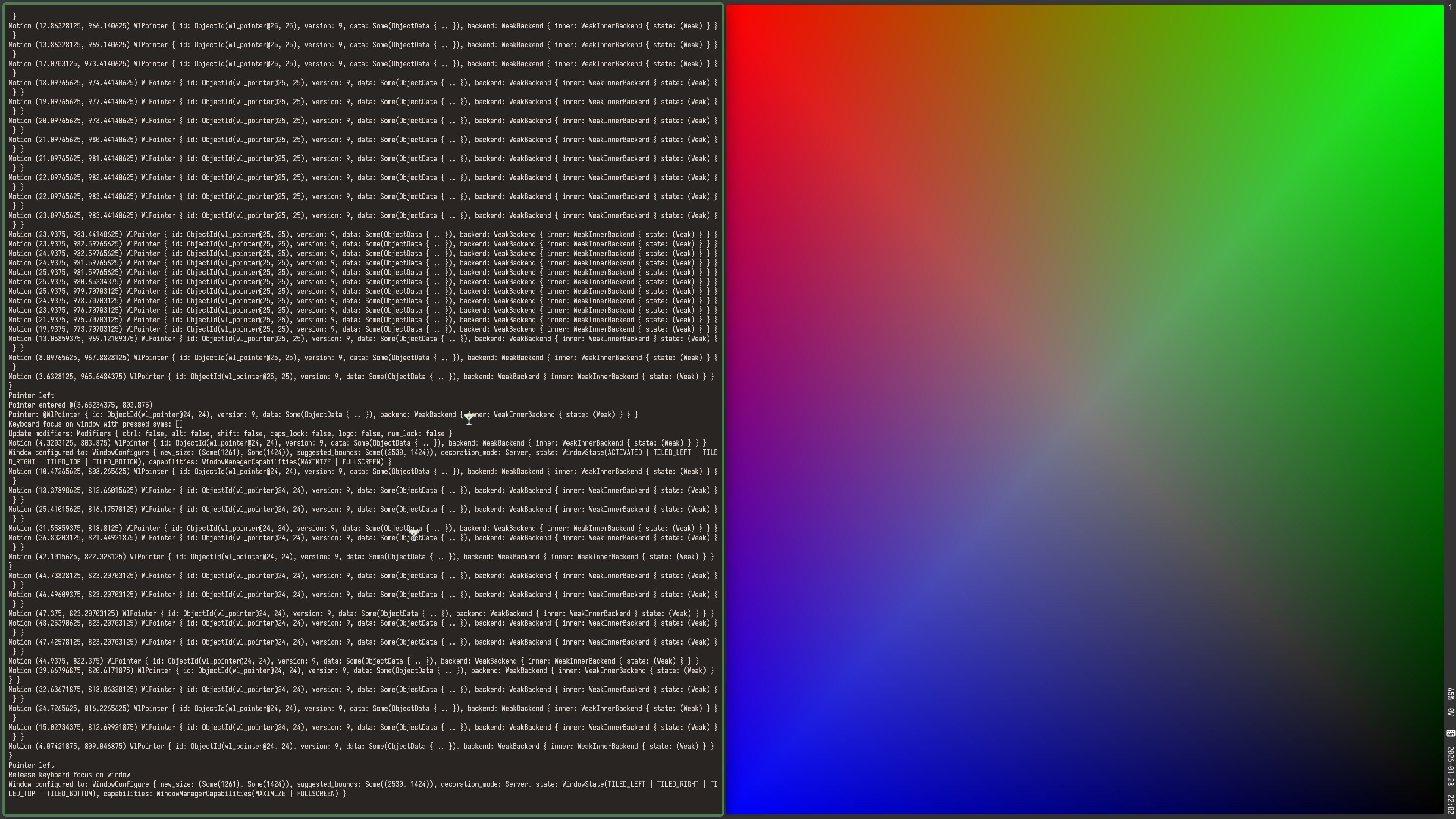 A rainbow-colored window on the right, log output that mentions different pointers to the left. Two mouse cursors are visible.