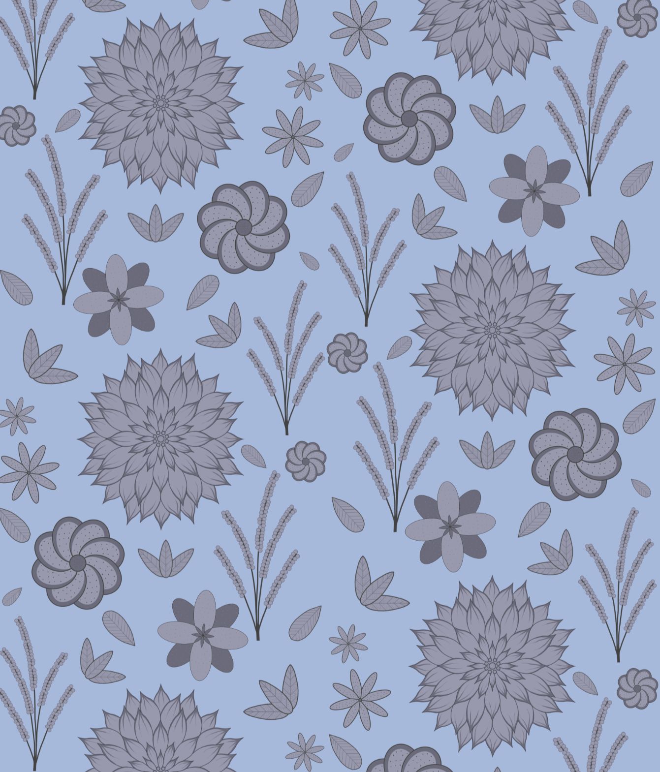 A pattern of 2D gray and black flowers against light blue. One of the first patterns I experimented with designing, but certainly not the last.