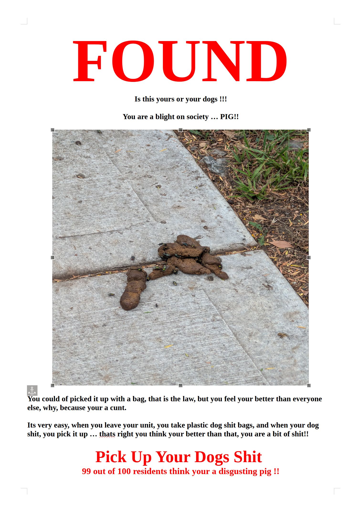 FOUND
Is this yours or your dogs !!!

You are a blight on society … PIG!!


You could of picked it up with a bag, that is the law, but you feel your better than everyone else, why, because your a cunt.

Its very easy, when you leave your unit, you take plastic dog shit bags, and when your dog shit, you pick it up … that's right you think your better than that, you are a bit of shit!!

Pick Up Your Dogs Shit 
99 out of 100 residents think your a disgusting pig !!
