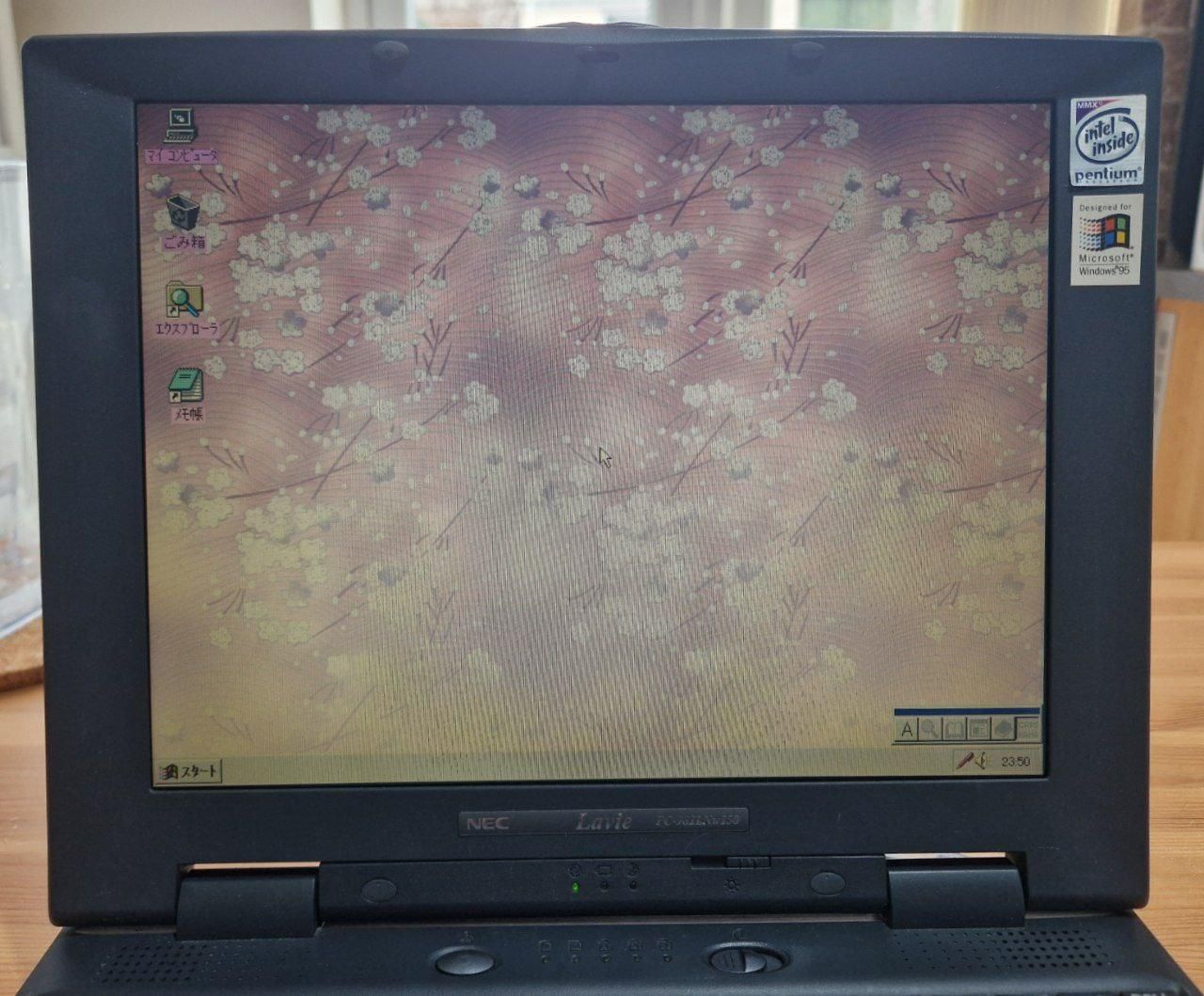 A photo of a NEC Lavie laptop screen with"Pentium Inside, Windows 95" stickers on the side. The desktop shows default sakura wallpaper