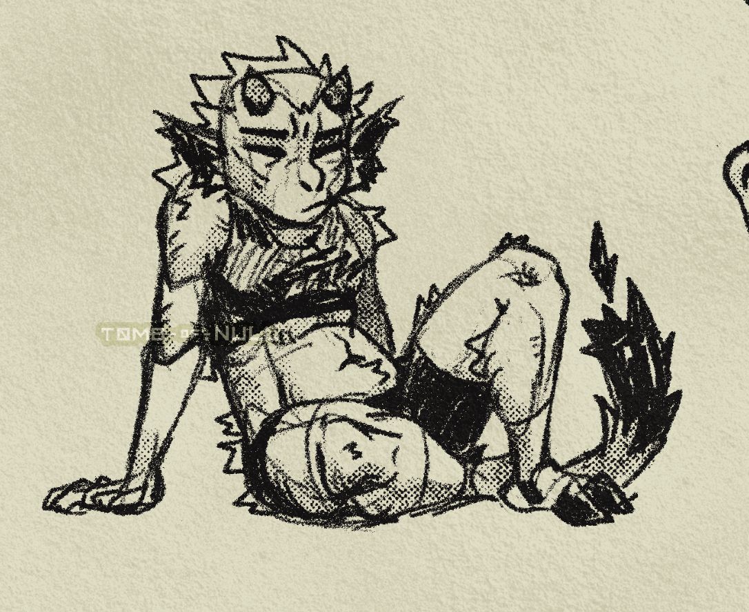 A monkey imp thing character sat on the ground. They have a tired, pained expression, like fighting a headache.