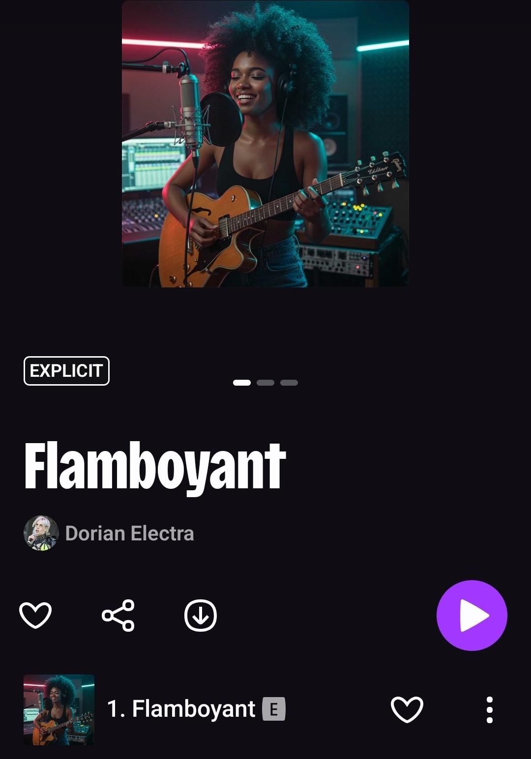 A screen shot from the Deezer app showing Dorian Electra as the credited artist to a fake version of Flamboyant that has an ai generated black woman holding a guitar in a recording studio.