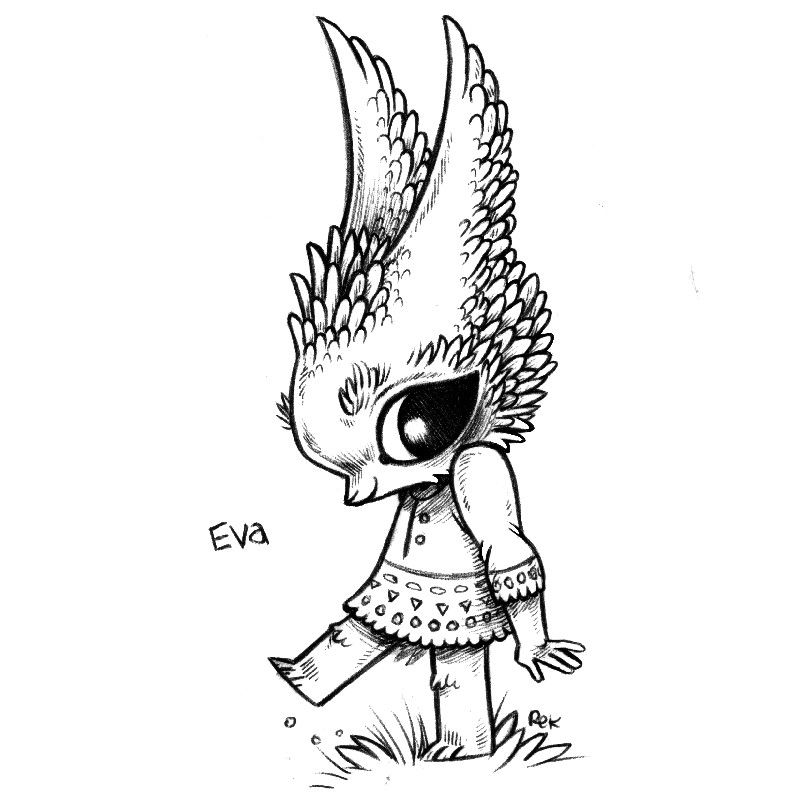 A drawing of a humanoid rabbit named Eva. Eva is standing, one leg raised in a rather adorable manner. They re wearing a dress with small triangles, circles on it. Their fur resembles feathers.