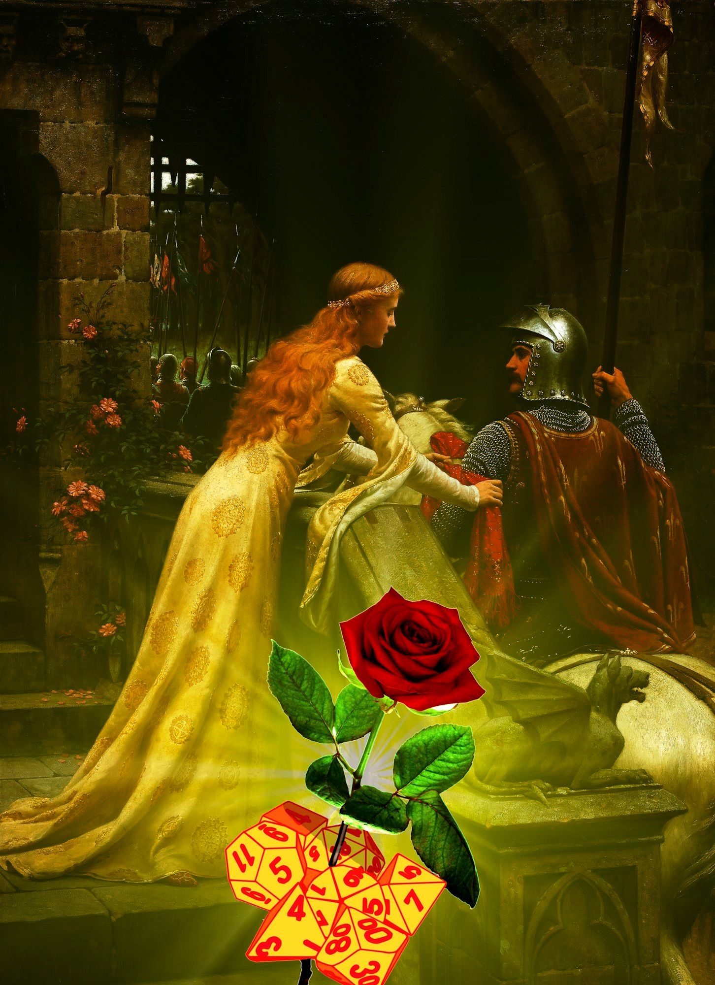 God Speed by Edmund Blair Leighton (1900).

Amb una rosa i uns daus afegits.
Con una rosa y unos dados añadidos.
With a rose and some dice added.