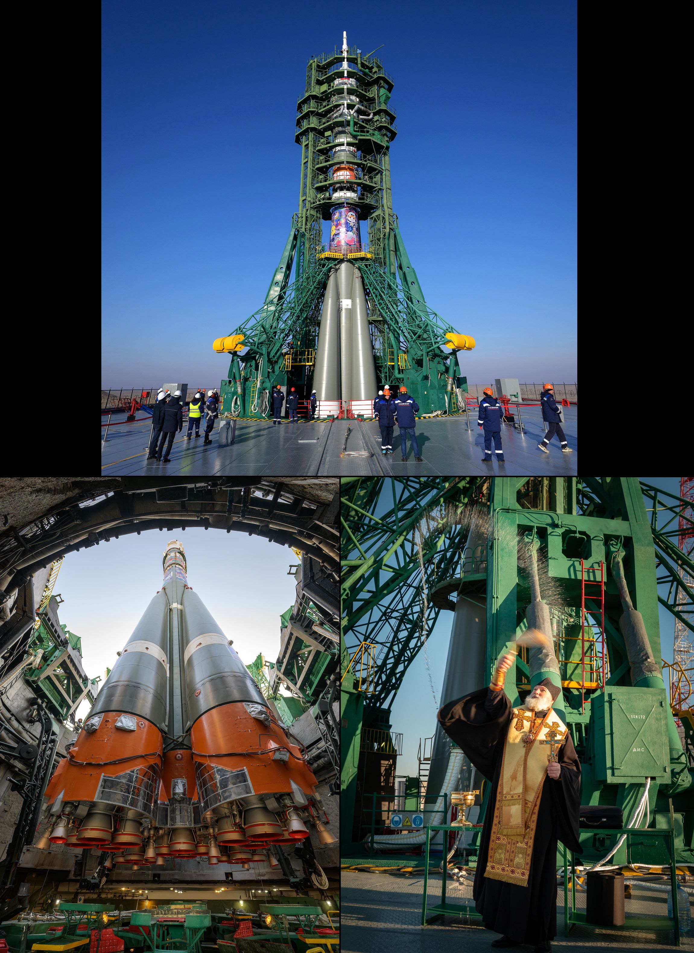 Pics of the ISS Expedition 74 Soyuz Rollout in Baikonur.

1. The Soyuz rocket is seen after having been rolled out by train to the launch pad, Monday, Nov. 24, 2025, at Site 31 of the Baikonur Cosmodrome in Kazakhstan. Photo Credit: (NASA/Bill Ingalls)

2. The Soyuz rocket is raised vertical, Monday, Nov. 24, 2025, at site 31 launch pad of the Baikonur Cosmodrome in Kazakhstan. Photo Credit: (NASA/Bill Ingalls)

3. Russian Orthodox Priest blesses the Soyuz rocket, Wednesday, Nov. 26, 2025 at the Baikonur Cosmodrome in Kazakhstan. Photo Credit: (NASA/Victor Zelentsov)