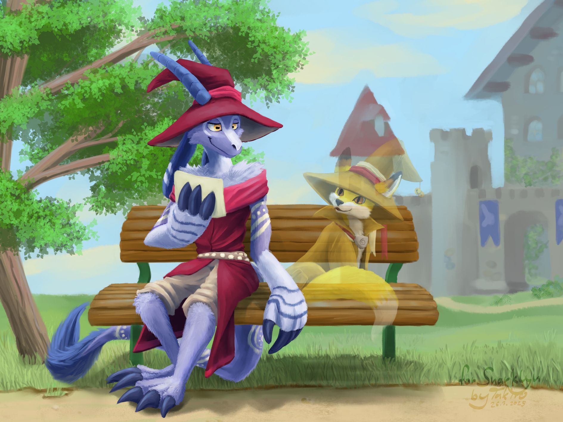 A blueish goat like anthropomorphic creature with a long tail but with huge claws. She is sitting on a bench in some kind of park next to a tree, there is a small medieval castle in the background. She wears a red wizard hat and dress and short beige pants. She holds a Photo in one of her big paws and is looking to her left. To her left is a yellow feral fox with a brown wizard hat and robe looking back at her but he is slightly transparent, indicating that he is not really there since he also doesn't cast a shadow on the bench. The goat creature is softly smiling as she remembers her old friend from the past. 
