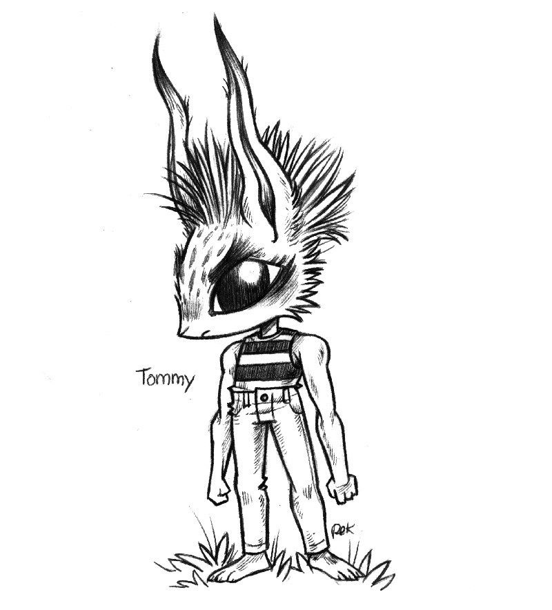 A drawing of a humanoid rabbit named Tommy, with long skinny wavy ears, a sort of even-hawk on their head, they have long skinny arms and legs and a short torso. They are wearing  stripped sleeveless shirt and jeans. Their expression is stern, serious, with hands balled up into fists.