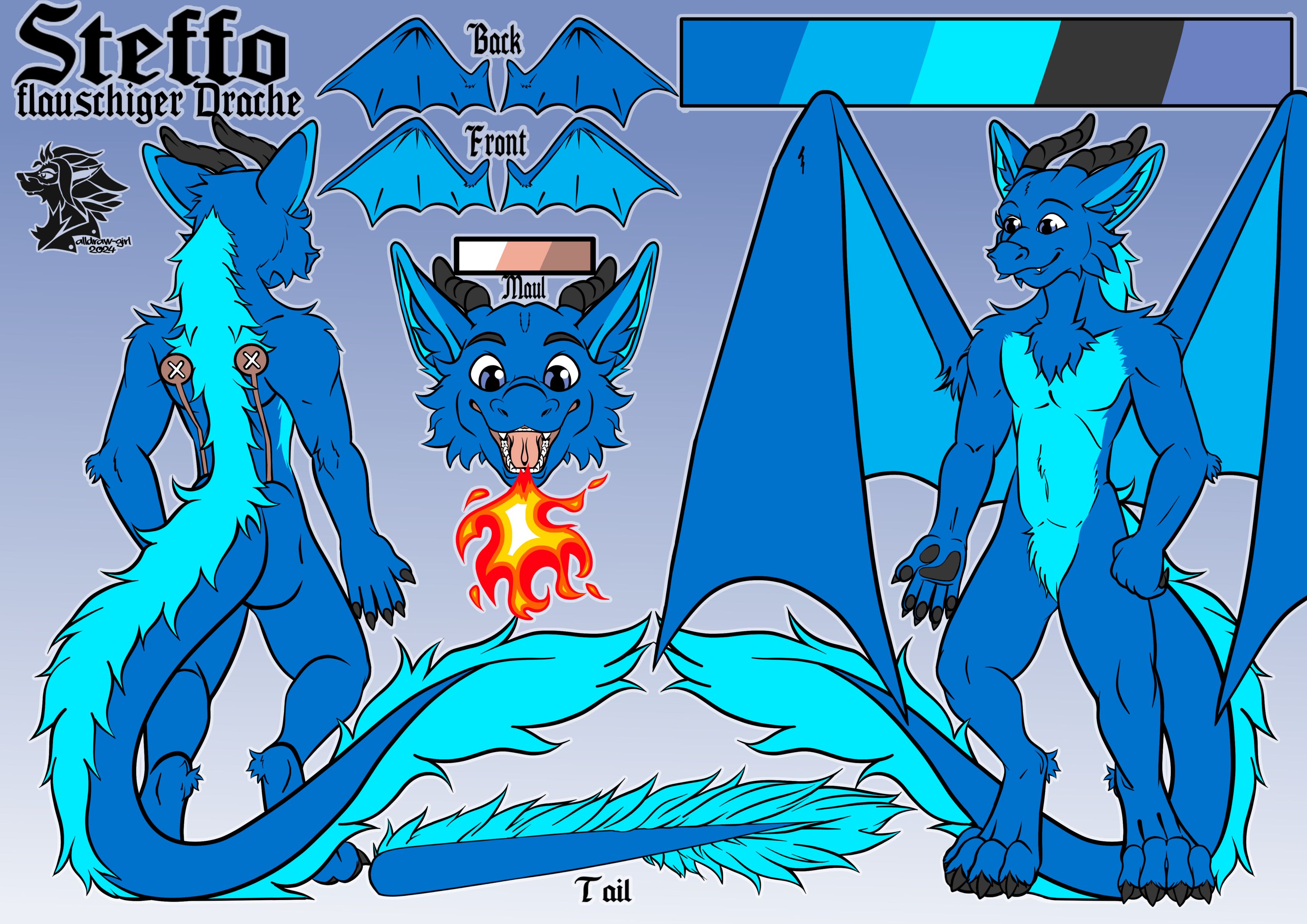 A ref sheet of my blue dragon fursona with 2 arms, 2 legs and a set of wings. At the top it says in German: "Steffo, fluffy dragon".

The body is completely furry and dark blue. The belly is light blue. The wings are dark blue on the outside and a bit lighter on the inside. (But not as light as the belly).

The hands are paws with black paw pads and claws and 5 digits.

The feet are also paws, with black paw pads and claws and 4 digits.
The legs are digitigrade.

The head is mostly dark blue and has 2 black horns that curve back and up, and 2 ears that are dark blue on the outside, medium blue around the edges, light blue inside, and have dark blue fuzz on the inside.

The tail is dark blue, but has a light blue fur ridge that starts at the top of the back, goes to the tip of the tail, and goes a few decimeters down the back of the tail until it gets smaller and stops.

There's also a view showing my dragon spitting fire with an orange, red and yellow color pallet.