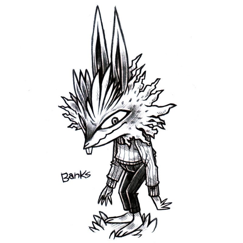 an ink drawing of a humanoid rabbit, that looks more like a wolf but is really still a rabbit, that is standing and a bit hunched over. They are staring ahead, their eyebrows are really tall and prominent, resembling bird wings, and the hair on their cheek looks like lightning bolts. They have long front teeth and long short ears. 