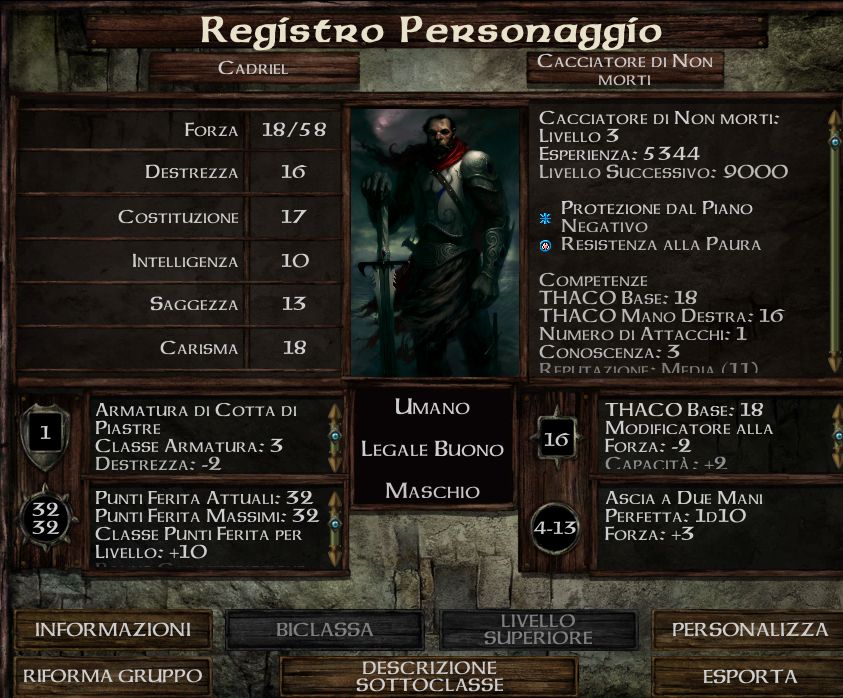 L'immagine mostra la schermata del personaggio Cadriel e le sue statistiche.