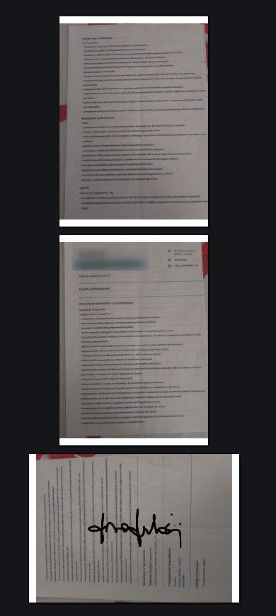 Un documento di tre pagine di fatto illeggibile, molto scuro e con la terza pagina di traverso con una firma (?!?) in mezzo al foglio.