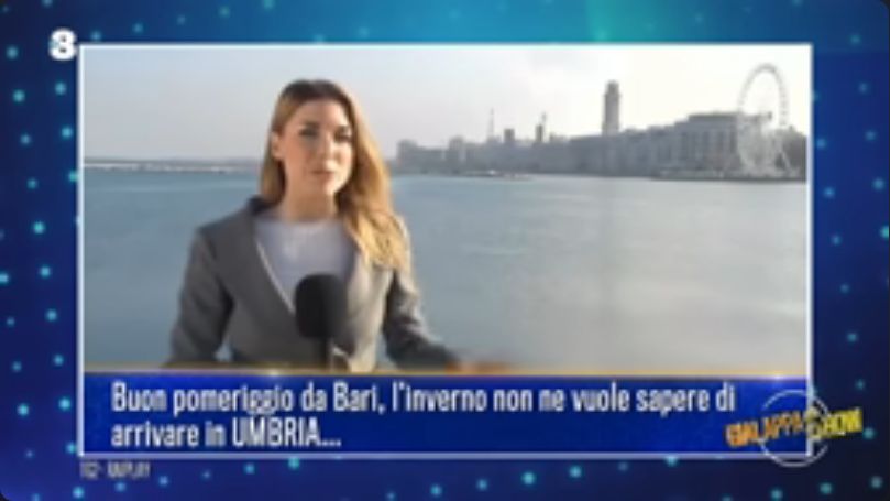 Servizio di una giornalista che dice testualmente "Buon pomeriggio da Bari, l'inverno non ne vuole sapere di arrivare in UMBRIA..."