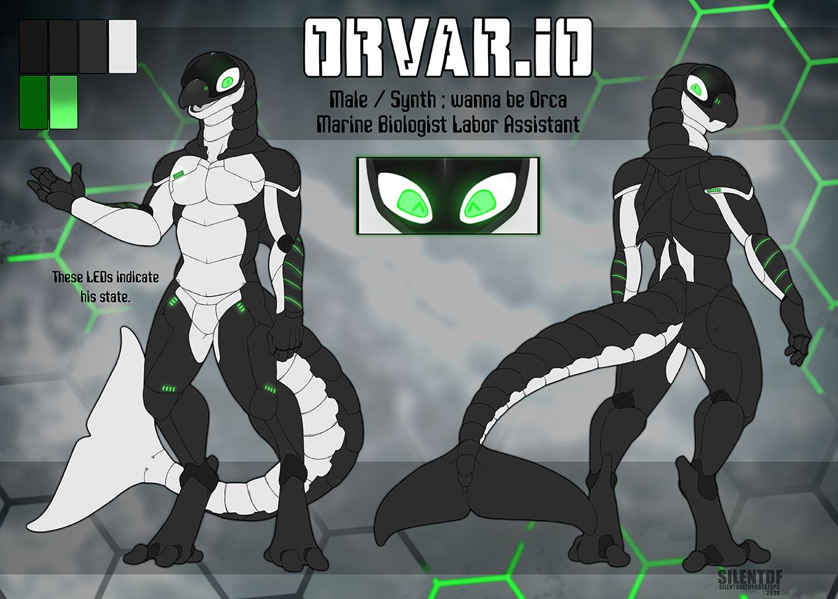 reference-sheet of a mix between an Orca and an Android with a front and a back view. The skin patterns are just like an orca's, but are interrupted by edges. he has a glas pane on the other part of his face and Green LED's on his body. They change color to yellow or red, when there is an issue with that body part. The Headline says "Orvar.io" Male/Synth: wanna be Orca. Marine Biologist Labor Assistant.