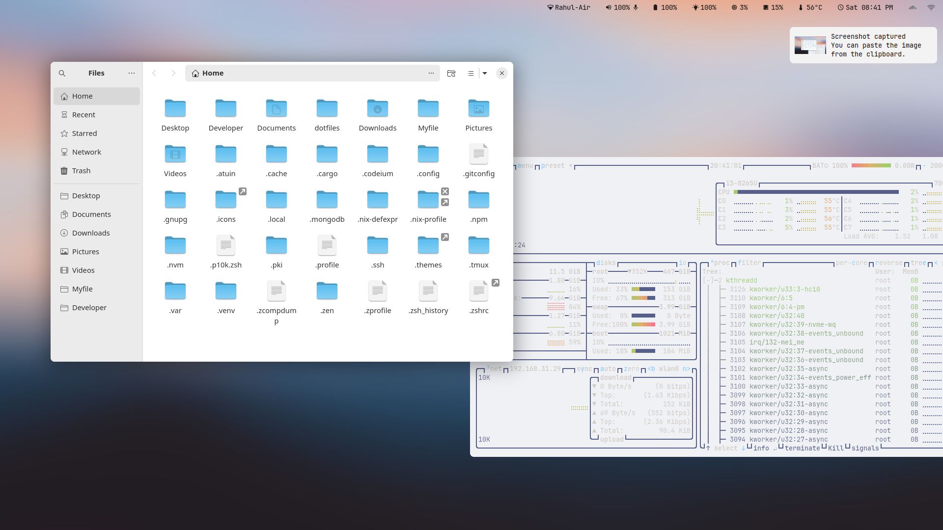 Light style desktop screenshot with nautilus on top of a terminal, from @r4hulrosh4n