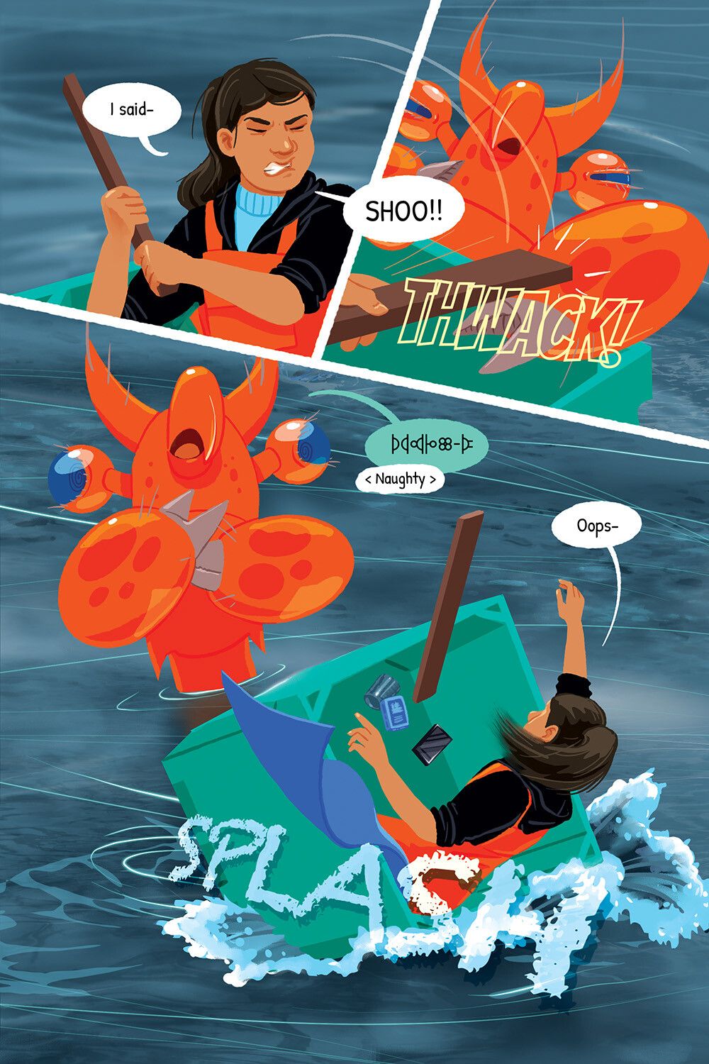 Panel 1: Woman swings her board, "I said, shoo!"
Panel 2: And smacks the creature's claw.
Panel 3: The creature rears back holding its claw and exclaims, "Naughty!" The woman's floating bin overbalances and she falls into the water.