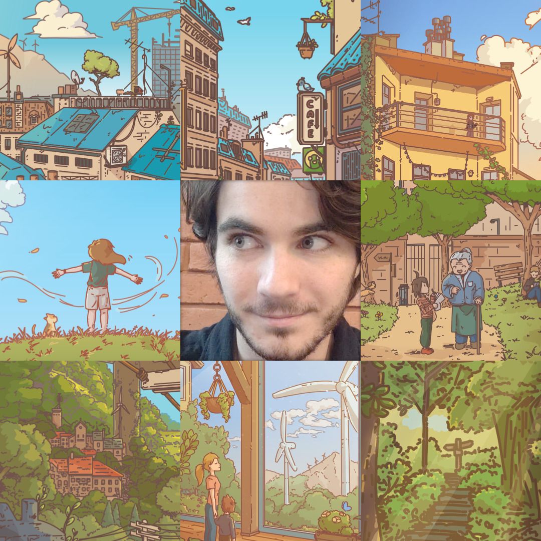 Square collage of various illustrations, showing intricate and detailed scene showing nature and a city with blue roofs. At the center is a picture of me (the artist!), a young lad with a thin beard, dark brown hair and blue eyes.