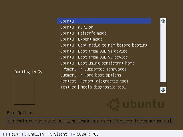 A screenshot of GRUB boot loader - Ubuntu-branded