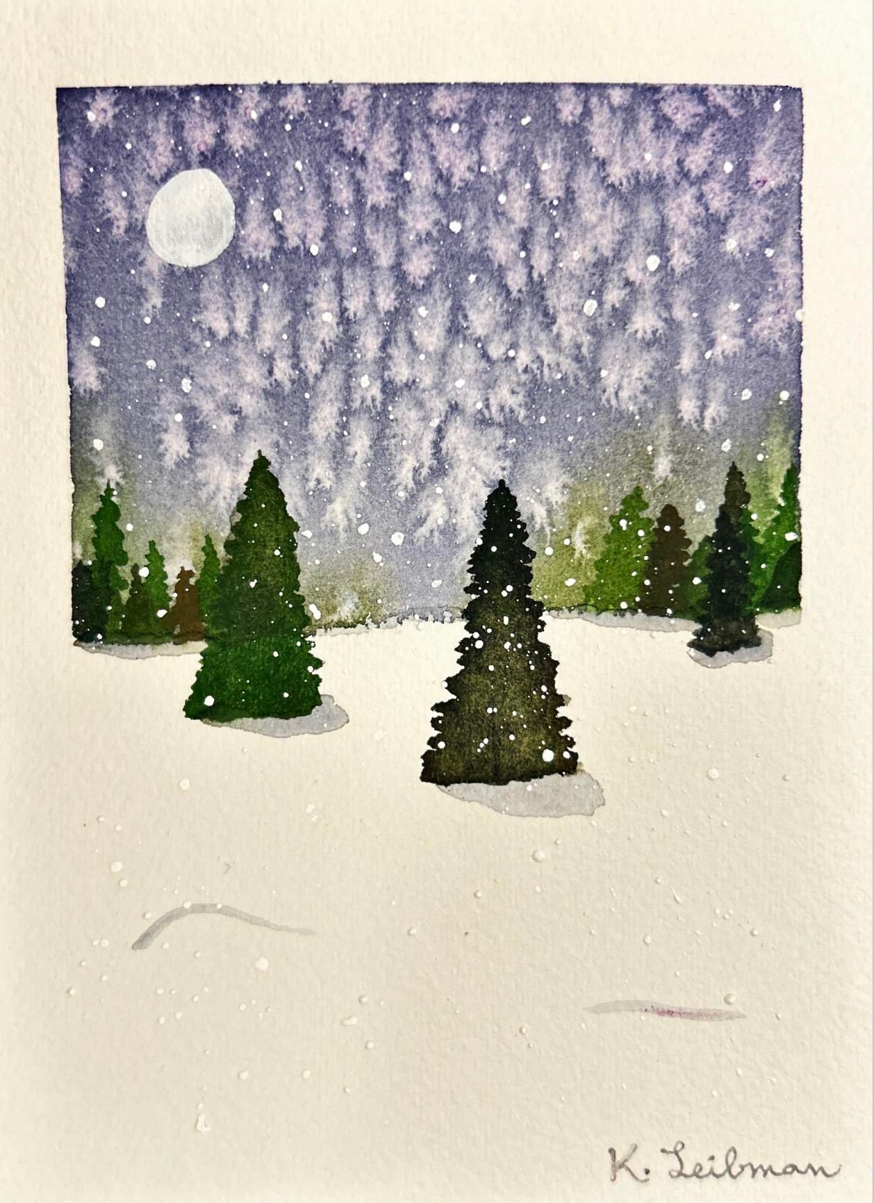 A small watercolor painting of a snowy winter night: evergreen trees scattered across a white field beneath a star-filled, clouded sky, with snow falling and a pale full moon glowing overhead. The artist’s signature, “K. Leibman,” appears at the bottom right. 