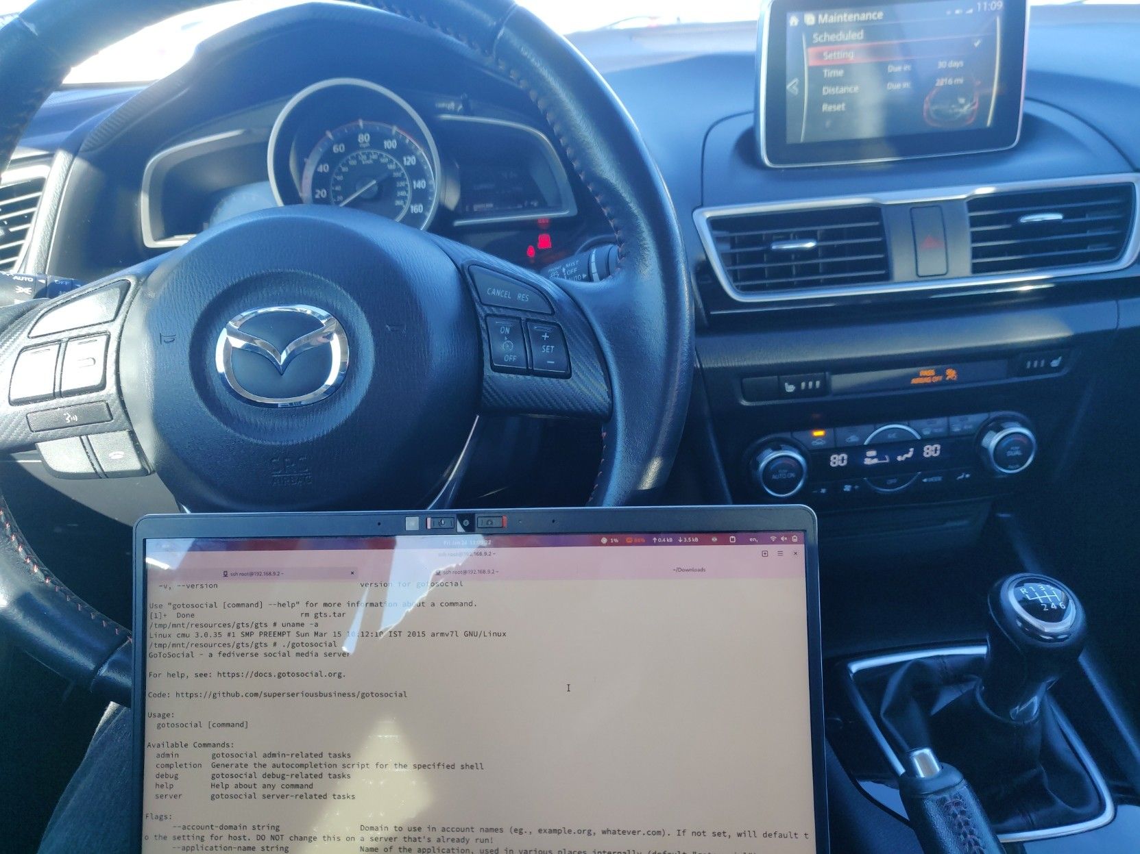 my laptop sshed into my car, showing the gotosocial binary running