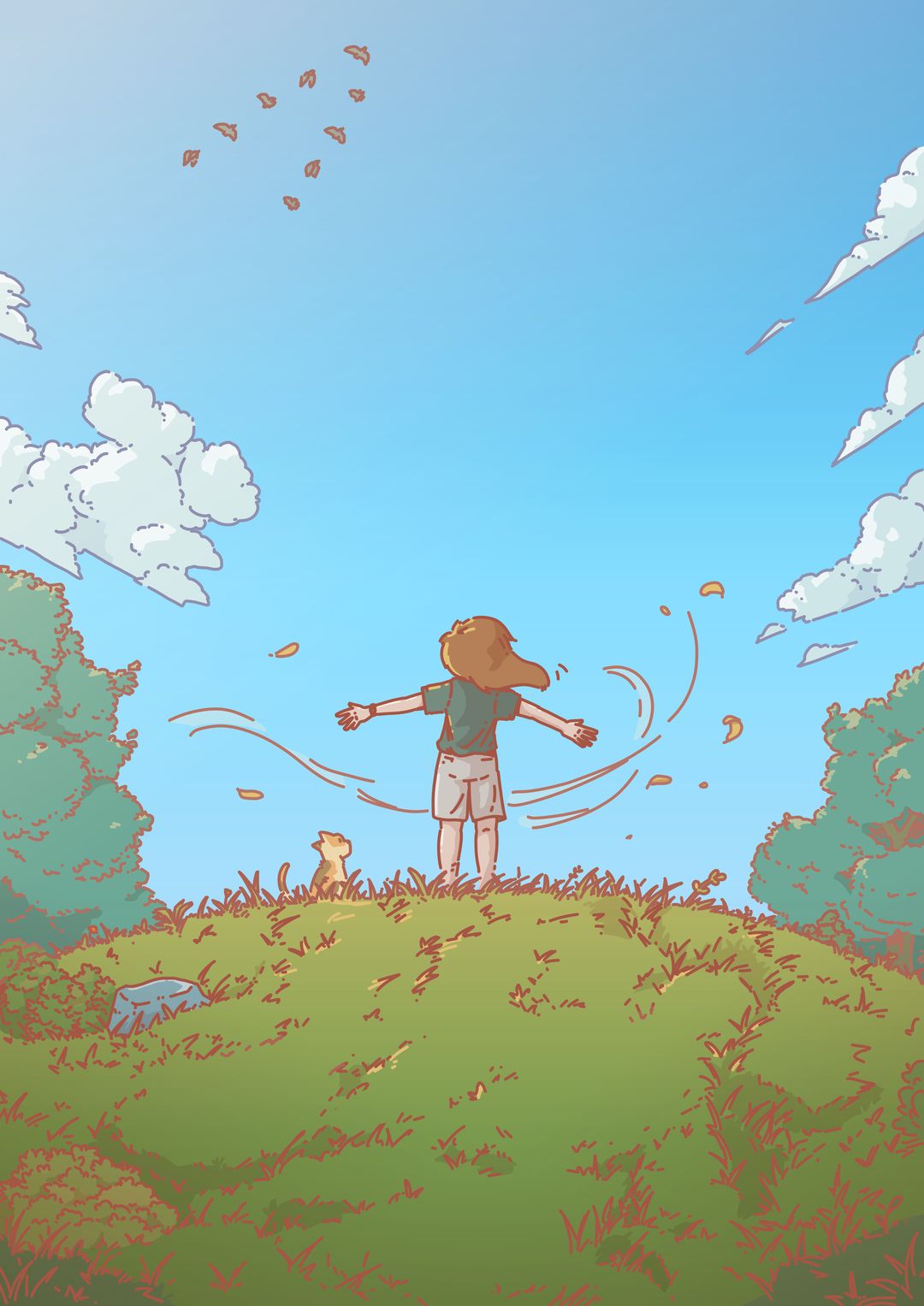 Illustration: A woman stands on top of a grassy hill, open arms, blow by the gentle breeze. A cat is standing next to her.