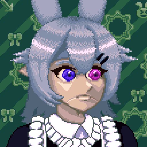 Old pixel art animation of Kata Kabun in a maid outfit talking. Its jaw is opening and closing like a wooden puppet and it blinks every now and then.