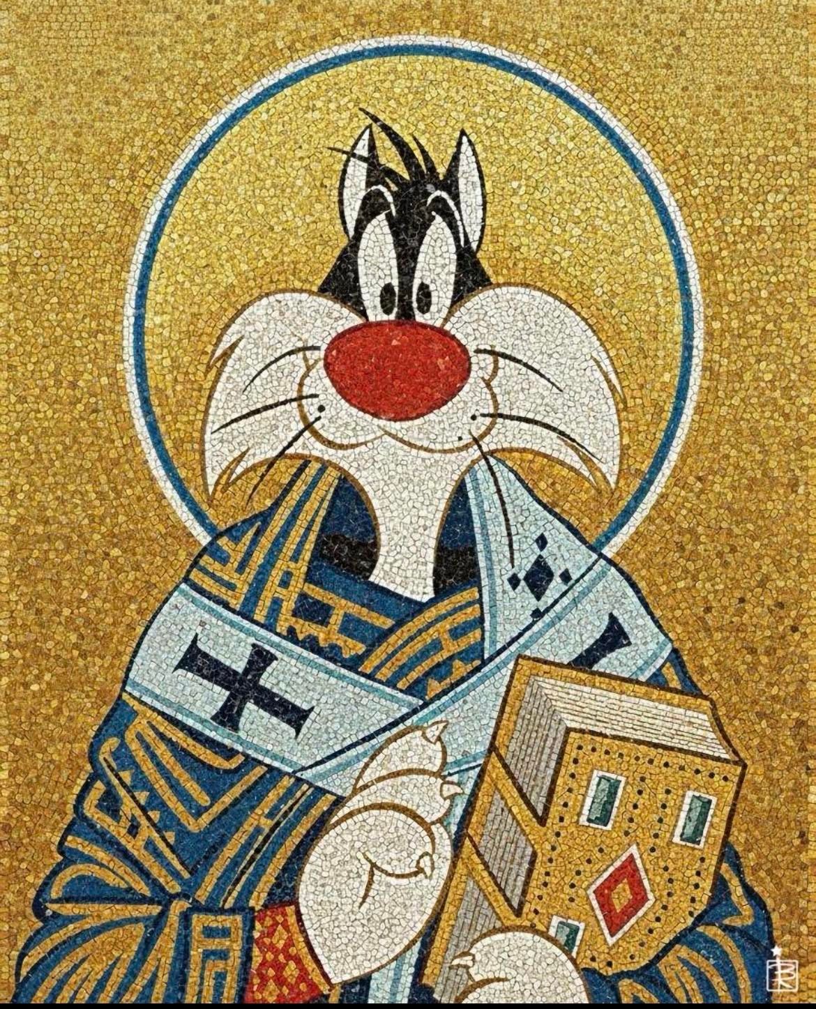 Un disegno di gatto Silvestro vestito da santo 