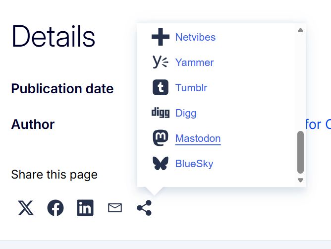 A screenshot from the website of the European Commission. 
The text "share this page" is followed by icons of popular platforms, such as X, Facebook, Instagram, Email, Netvibes, Yammer, Tumblr, Digg, Mastodon, BlueSky 