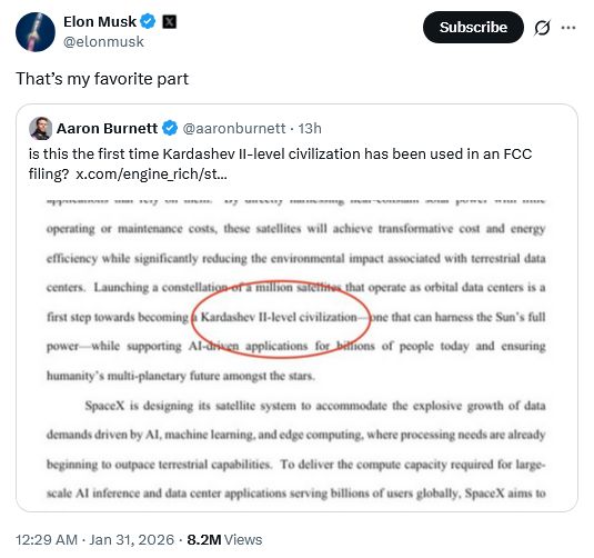 Tweet from Elon Musk @elonmusk
That’s my favorite part

with embedde tweet by Aaron Burnett @aaronburnett
is this the first time Kardashev II-level civilization has been used in an FCC filing?