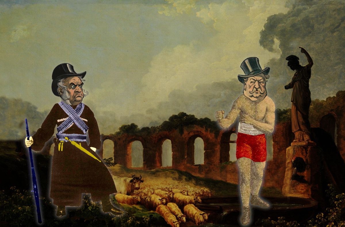 A Roman ruin. In the foreground are two figures: a guerrilla fighter with a rifle and crossed bandoliers and a boxer in trunks and sash, fists raised. Both figures' heads have been replaced with tophatted caricatures of millionaires from Gilded Age editorial cartoons.