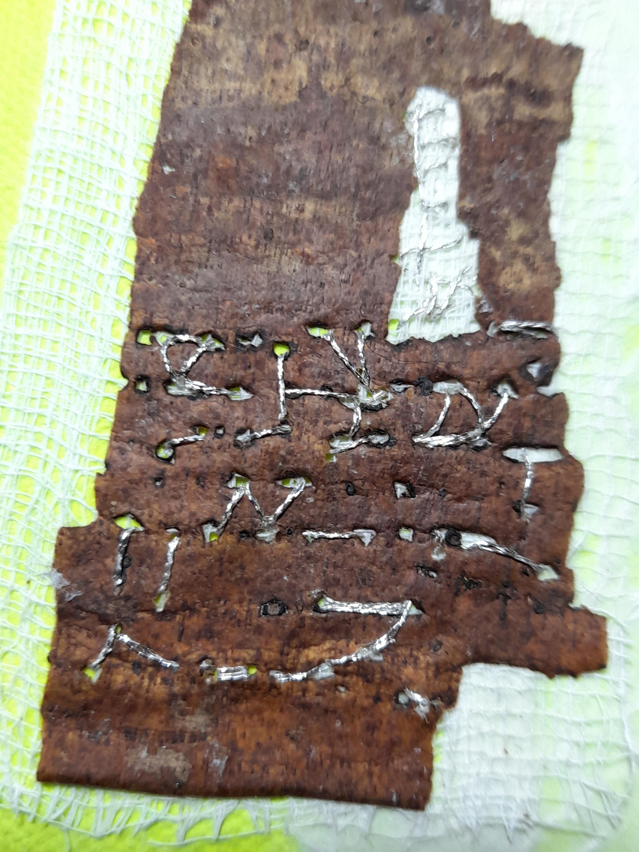 The outer bark of a wild cherry, native to our forest edges. It's placed in the focus of the collage. The natural holes let me think of a writing done by the tree - I embroidered abstract signs along these holes (with silver thread). They look like unknown letters from another civilisation.