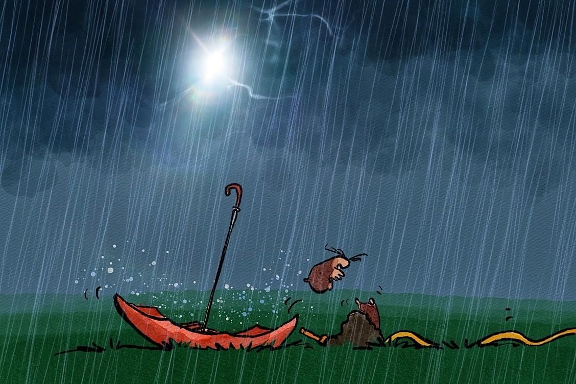 Es fängt an zu gewittern und die Maulwürfe fliehen aus dem Schirm in ihre Hügel