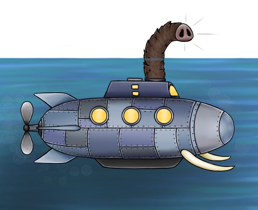 Cartoon style drawing of a submarine, made of metal plates with various hues of gray and/or pale blue. It has three round windows, big mastodon tusks on front and big woolly trunk instead of periscope, reaching above the water surface.