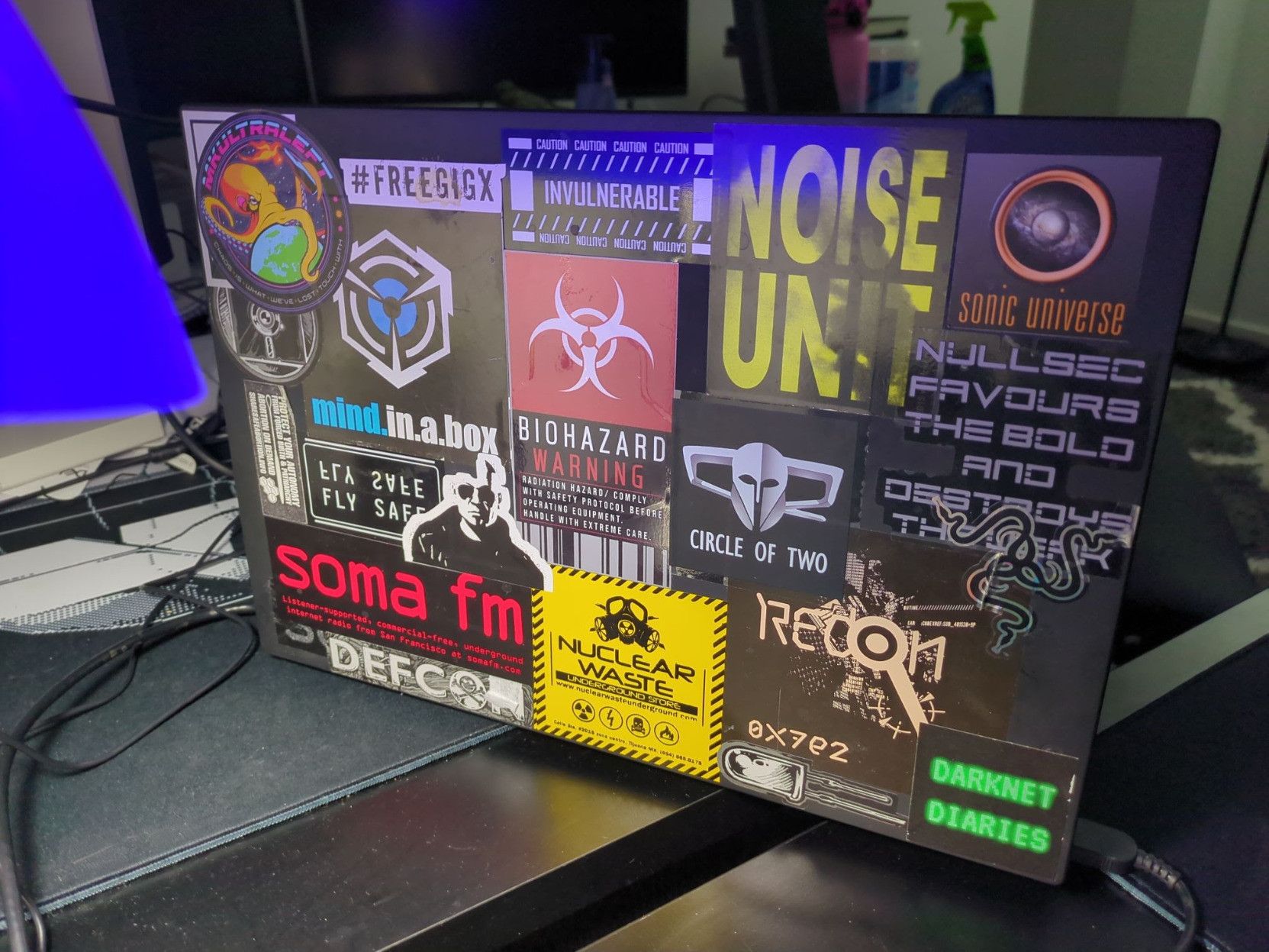 My laptop full of stickers from various places, collected over time.