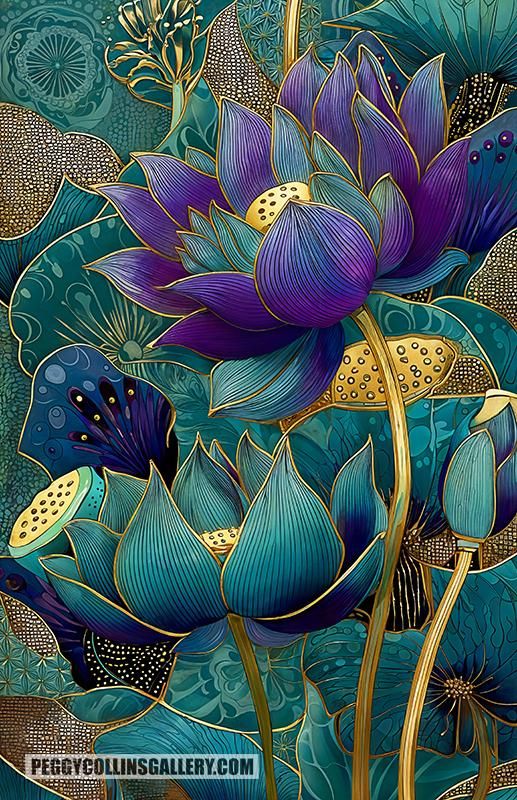 Colorful artwork of lotus flowers in colors of purple, blue and gold on an abstract background, by Peggy Collins.