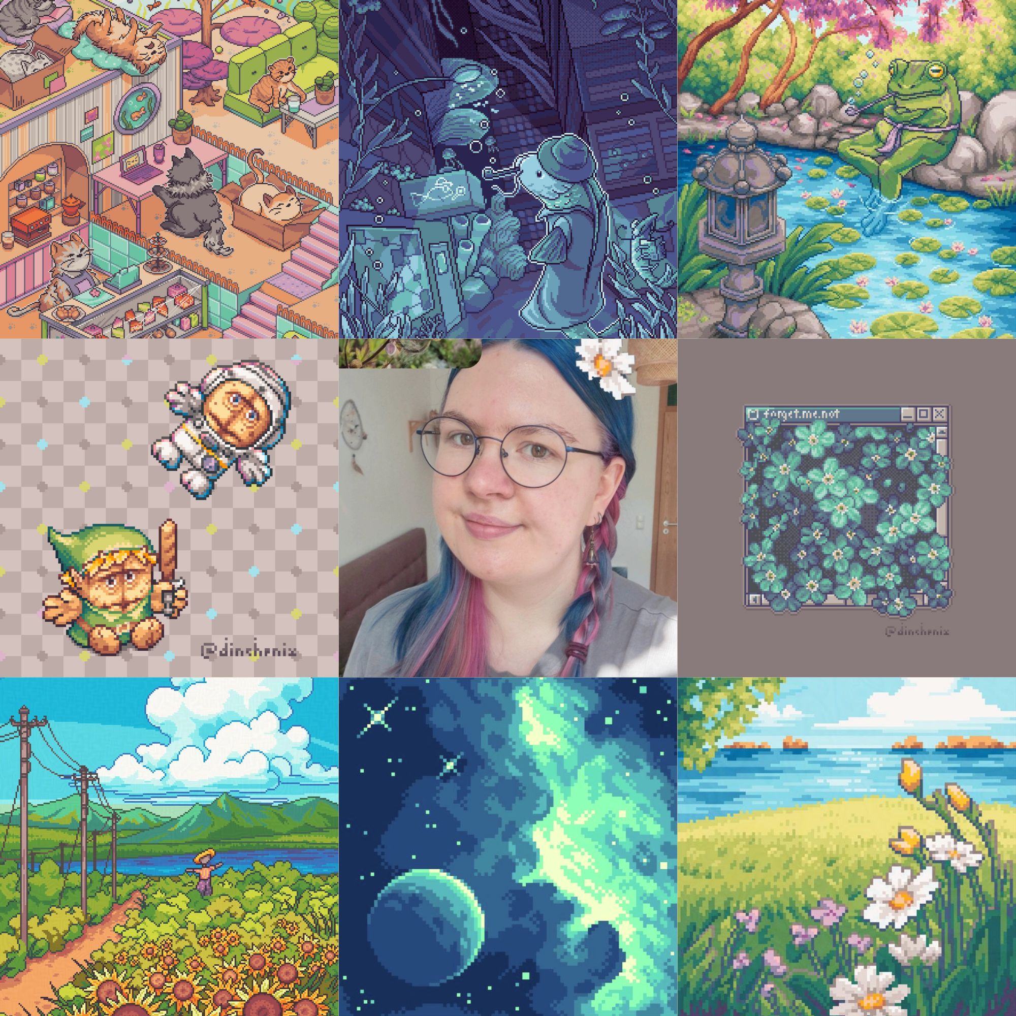 grid of 3 by 3 pictures showing different pixel artworks done by dinchenix, in the middle is a selfie showing the artist