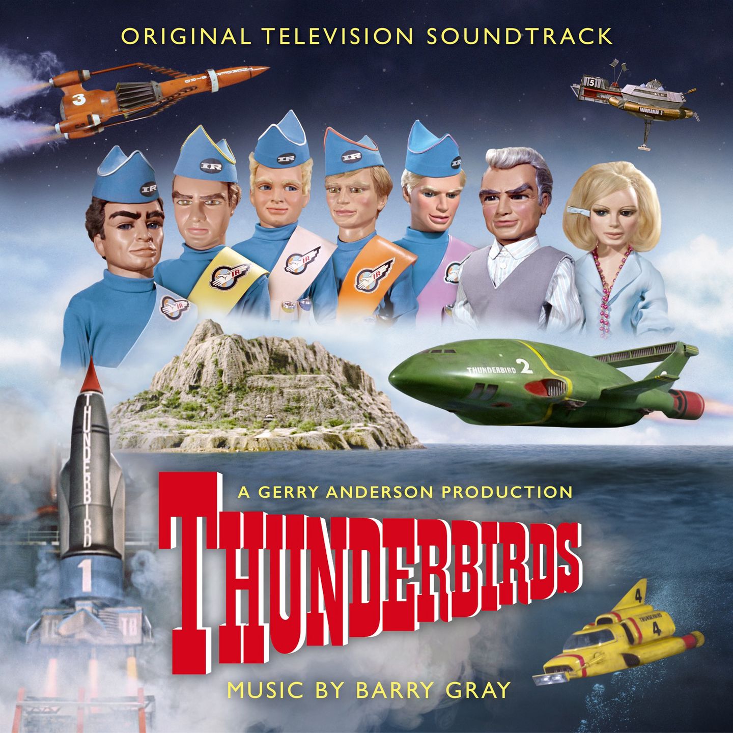 A LP record cover for the Thunderbirds television show.  The marionettes for the 5 Tracy brothers, their father and Lady Penelope are arrayed across the top.  In the middle their island retreat/base is shown with their green jet beside it.  Along the bottom is their upright steel spaceship and the Thunderbirds logo.