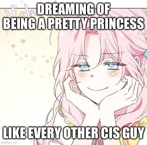 A picture of a young fem-presenting person with a smug smile, long flowing pink hair and large sparkling blue eyes. The text says: "Dreaming of being a pretty princess. Like every other cis guy.”