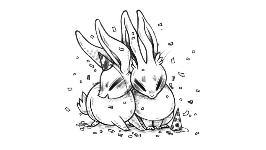an ink drawing featuring 2 rabbits with party hats cuddling up next to each other, confetti is in the air