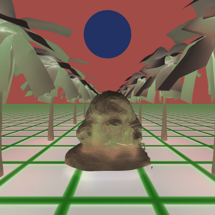 the previous profile picture, but all of the colors are inverted. the bust and trees are gray, the ground is white with a green grid, the sky is orange, and the sun is navy blue