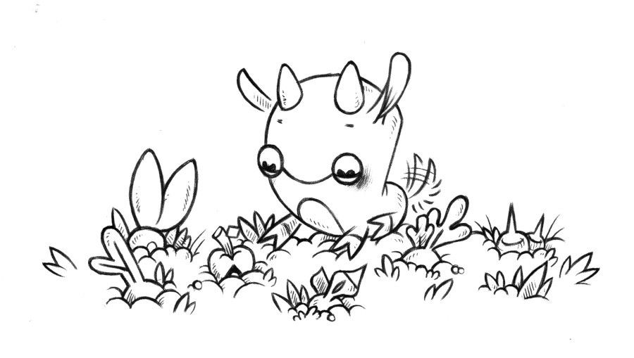 uxn, a sort of goat-like creature, is looking at some planted root vegetables, wagging their tail. The root vegetables represent some of our creative tools, like Noodle, Nasu, Left, Orca, Ronin and Dotgrid.