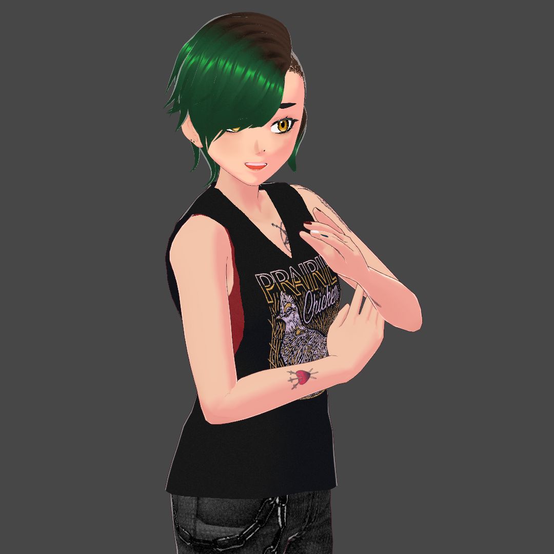 A green-haired non-binary person with yellow eyes, wearing a muscle shirt and skinny jeans. She has a three of swords tattoo on her right forearm, a staircase tattoo under her left forearm, a transgender sigil of baphomet tattoo on the left side of her upper chest area, and a barn owl in front of birch trees on her left shoulder. Unseen is a tattoo on her right hip of a burrowing owl feather.
