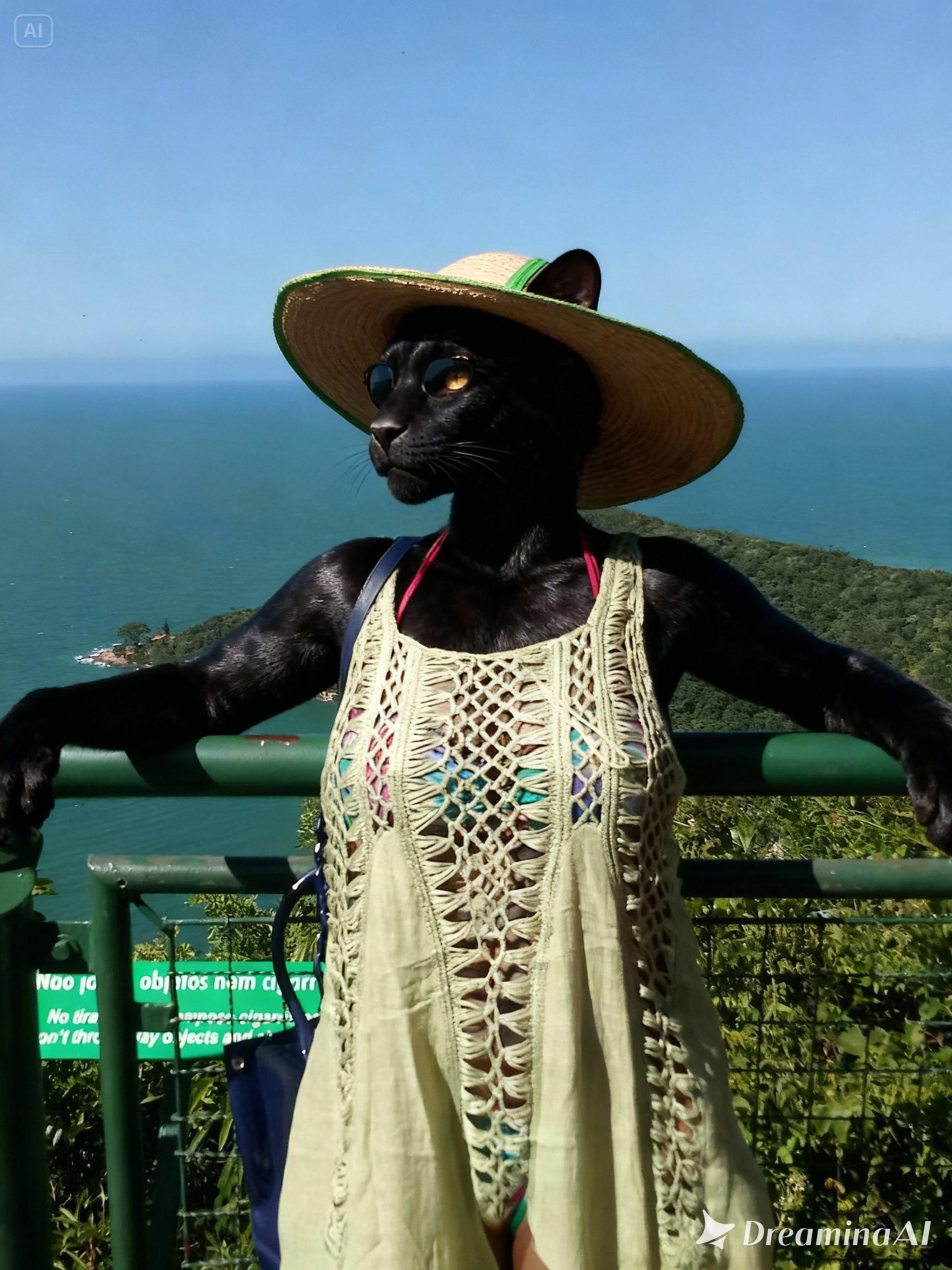 Reference Image 1, a full-body depiction of 'Tia Vânia' as an anthropomorphic black panther. She is confident and poised, wearing a wide-brimmed straw hat, sunglasses, and a crocheted beach dress. Her black fur is glossy, and her eyes behind the glasses are calm and wise. She stands on a balcony overlooking a tropical sea and coastline, capturing a relaxed and commanding presence. The style is semi-realistic furry art.