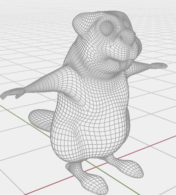 Maillage d'un castor modélisé dans Blender 3D. Vue 3/4 face droite. Pose en T.