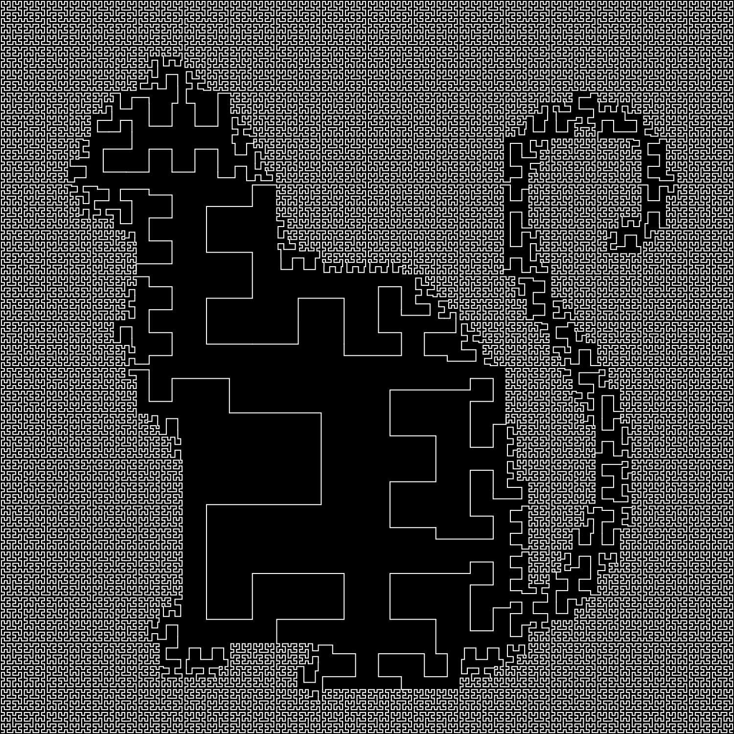 A Hilbert curve, but it sometimes doesn't recurse all the way down, leaving more of the background visible. That way, it looks like the outline of a black cat.
