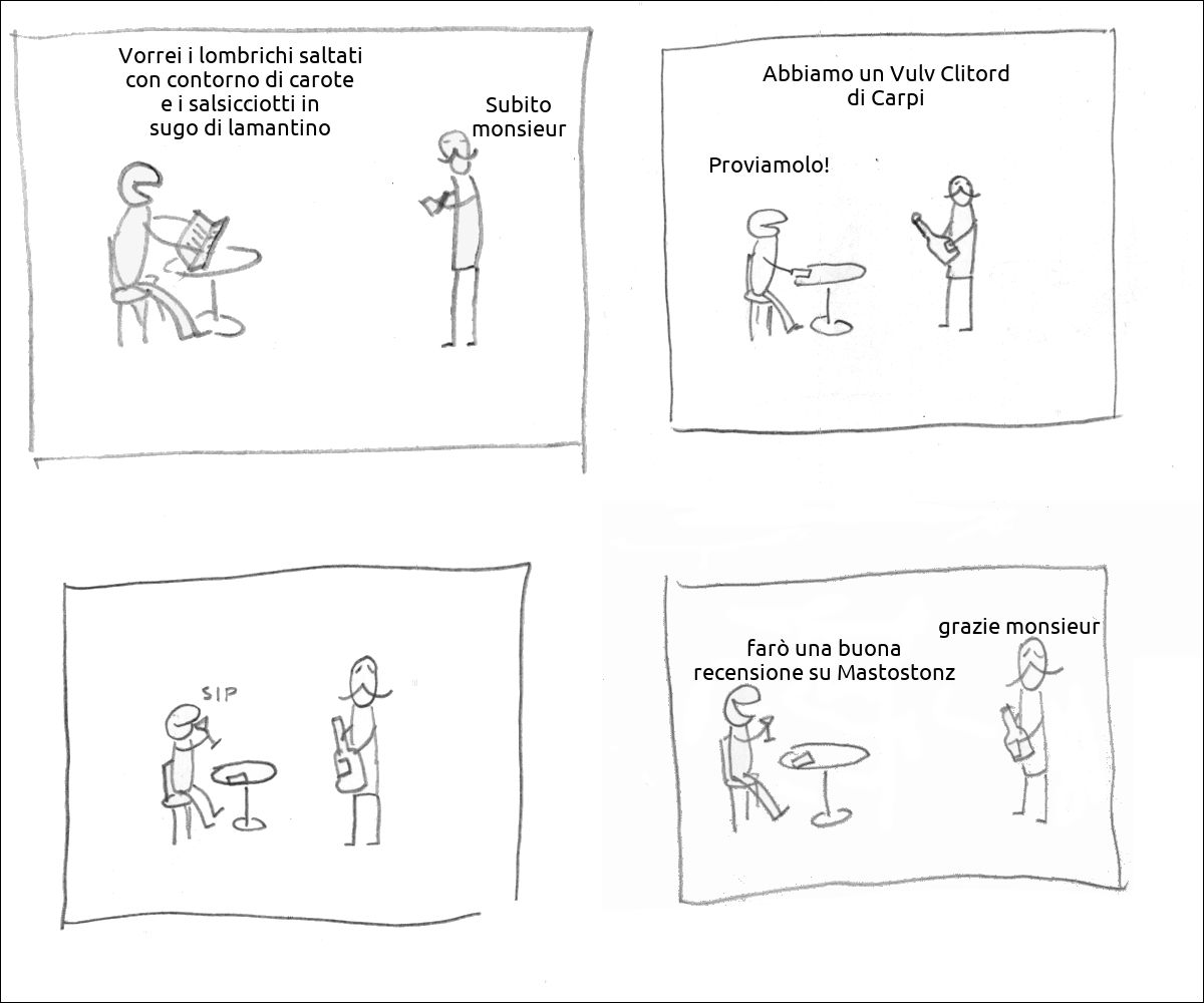 al ristorante un tizio ordina: «Vorrei i lombrichi saltati con contorno di carote e i salsicciotti in sugo di lamantino» e il cameriere: «Subito monsieur»
il cameriere propone: «Abbiamo un Vulv Clitord di Carpi» e il cliente risponde: «Proviamolo!»
il cliente assaggia il vino
il cliente soddisfatto dice: «farò una buona recensione su Mastostonz» e il cameriere ringrazia: «grazie monsieur»
