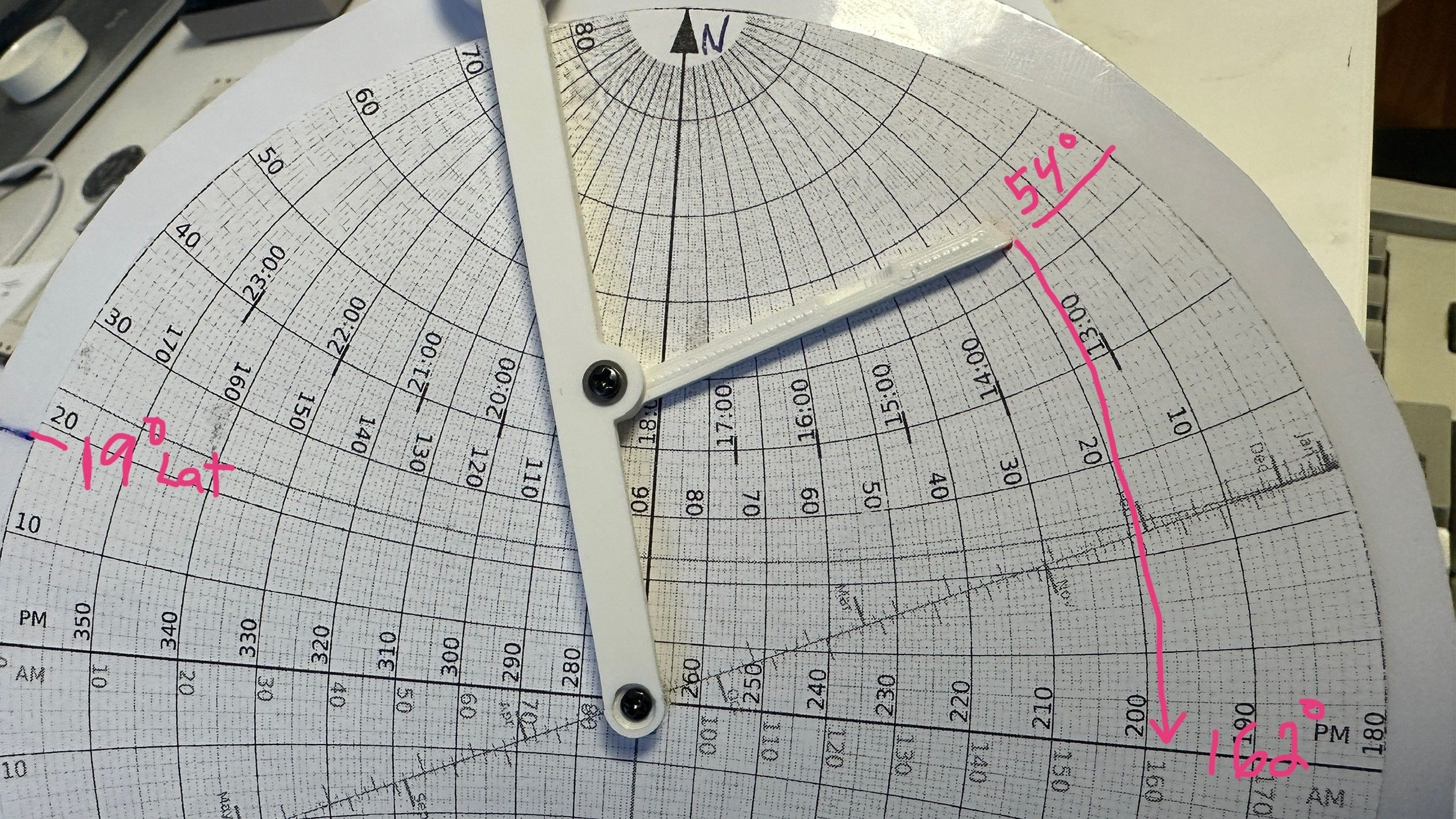 rotated astrolabe showing the bearing computation