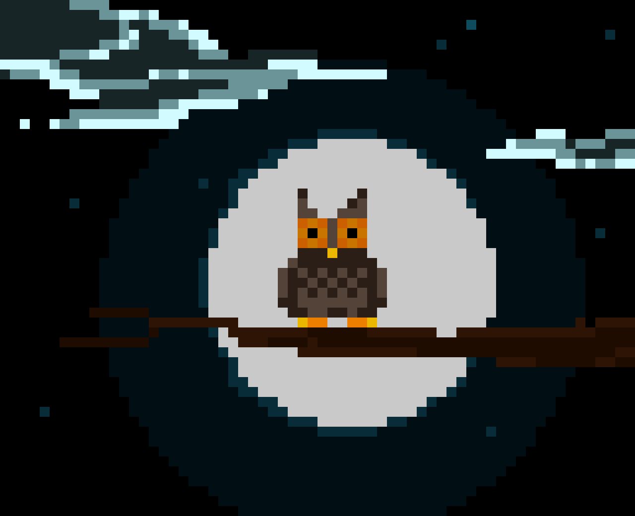 An owl, perched on a branch in the night, looks at you with big, orange eyes, its lethal silhouette profiled by the white disc of the Moon, which also lits some clouds from below, because the drawing was a bit empty.

The mood is eery but comical.