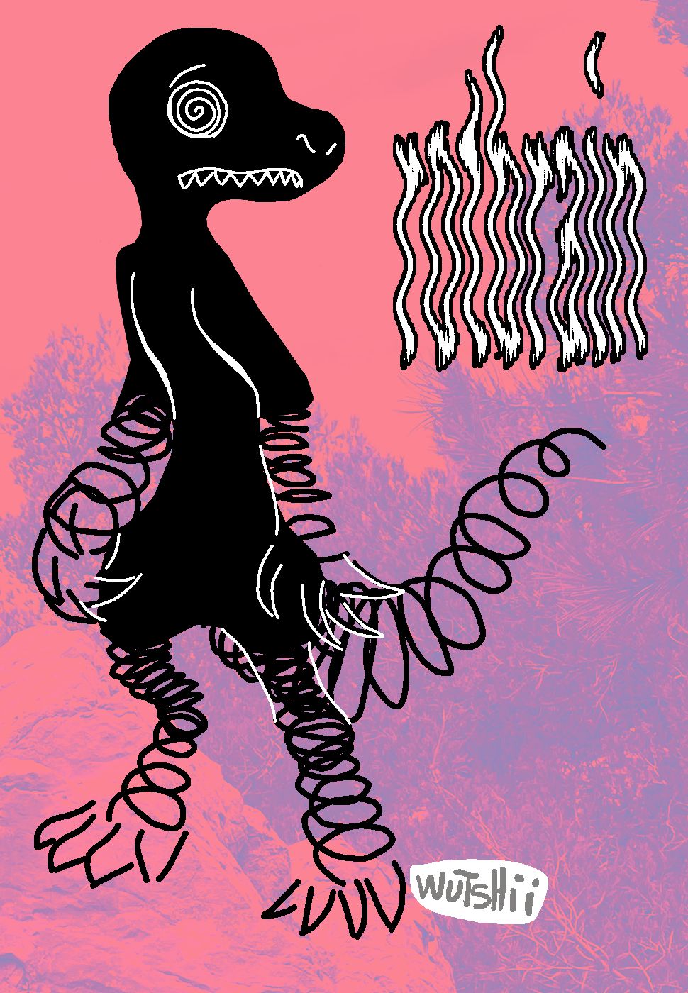 a pure black reptile creature, whose extremities (arms, legs, tail) turn into coils, its eyes look like spirals and it has small protruding sharp teeth.