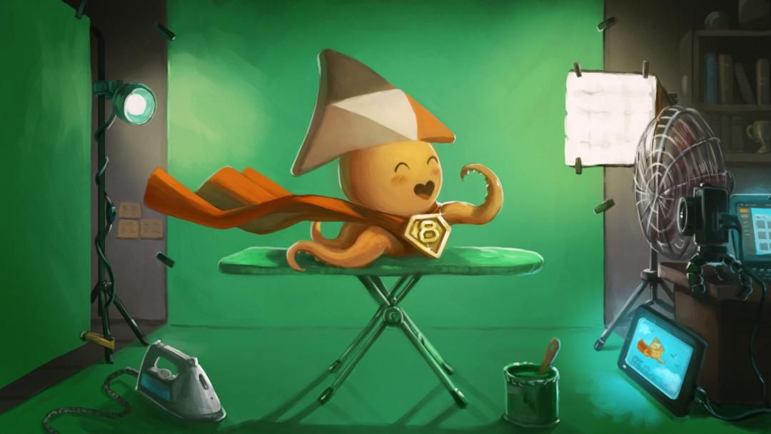 Illustration de Sepia, la mascotte de PeerTube.

C'est une seiche portant un chapeau en triangle, une cape rouge et une médaille évoquant Superman où il est écrit 8.
 
Sepia est dans un studio d'enregistrement (avec un fond vert, une lumière, etc.), sur une planche à repasser, face à un ventilateur qui lui souffle dessus.